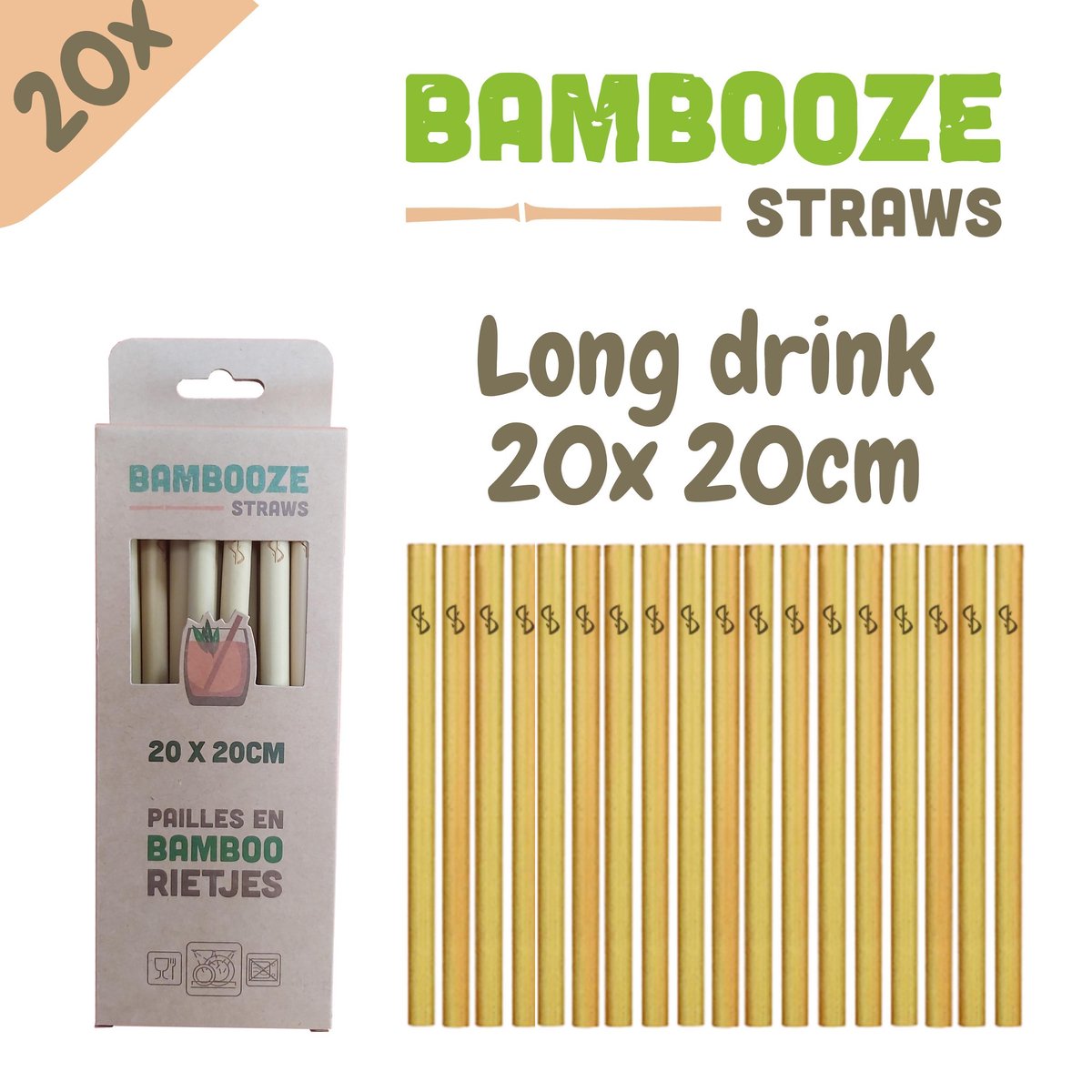 Herbruikbare Bambooze rietjes - 20x = Long Drink rietjes 20cm | UITZONDERLIJKE KWALITEIT bamboe rietjes | VAATWASBESTENDIG